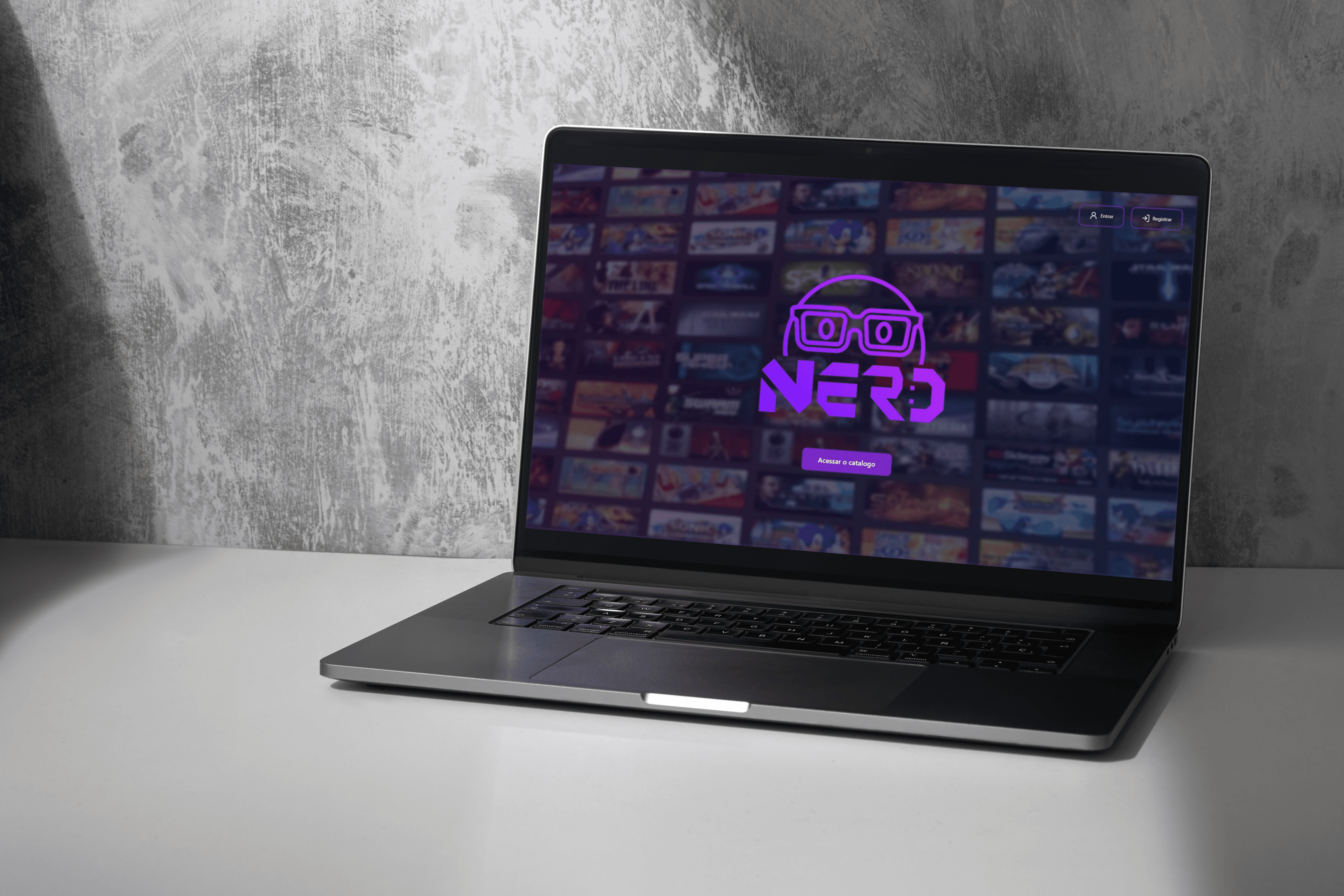 Computer in angled position showing an happy nerd emoji on center of a purple background
