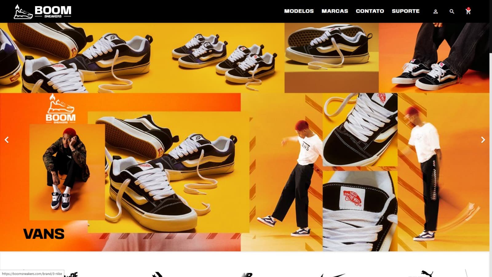colorfull orange backgound with a shoees on the center and a logo named boomsneakers
